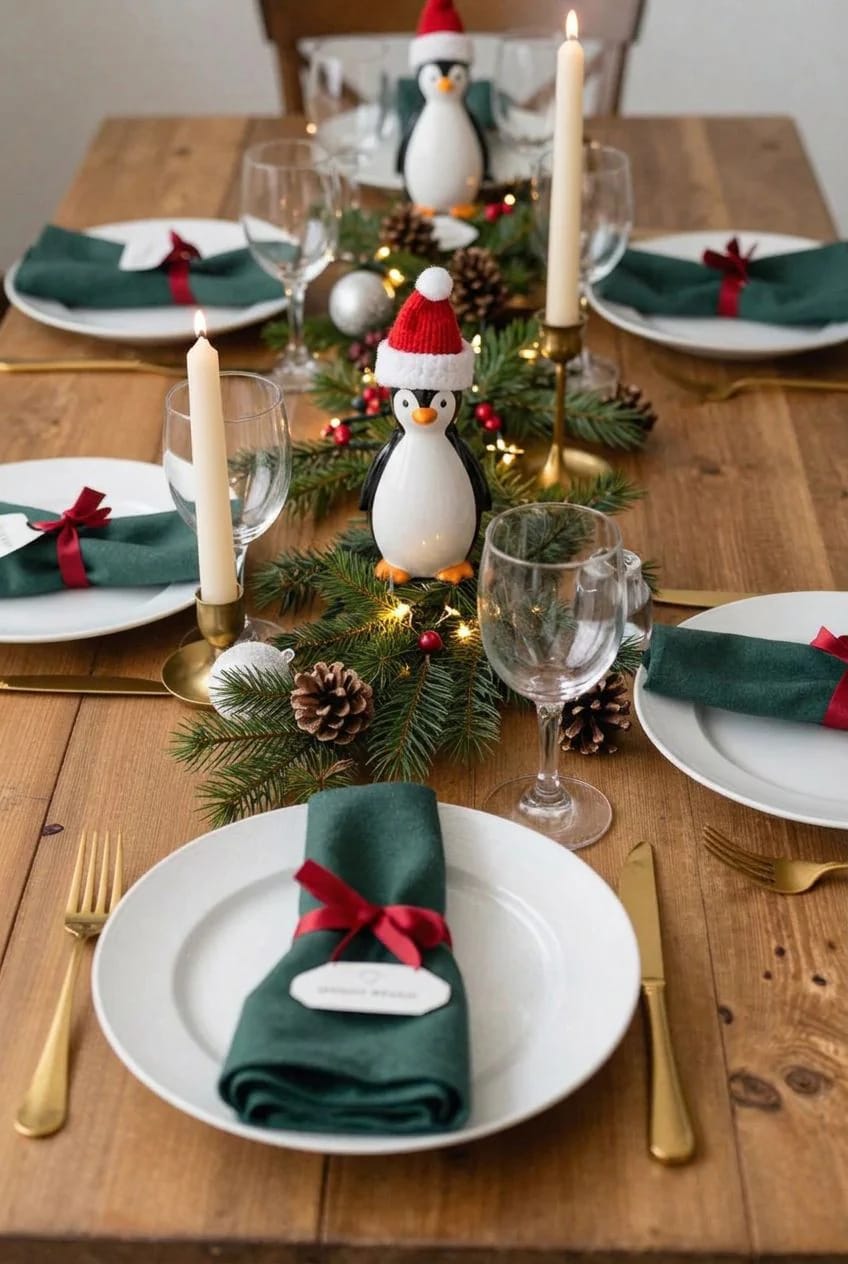 Christmas table decorated with two penguin figures wearing Santa hats, evergreen branches, pinecones, ornaments, candles, wine glasses, and green napkins tied with red ribbons