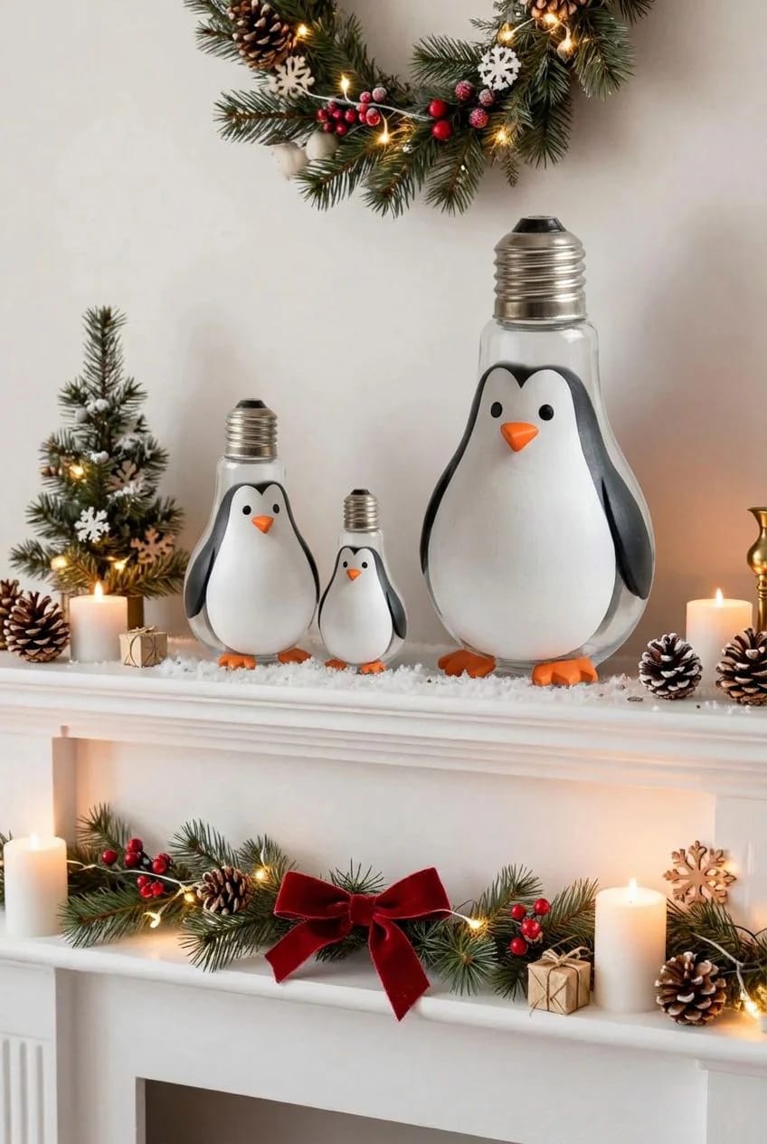 Three penguin decorations made from light bulbs in different sizes stand on a snowy mantel beneath a holiday wreath, surrounded by evergreen garlands, candles, pinecones, berries, and a red bow.