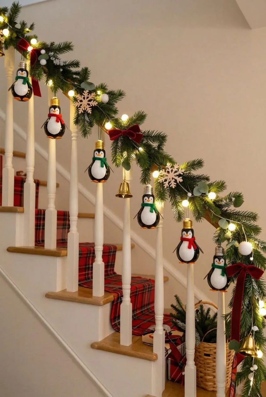Staircase banister decorated with evergreen garland, warm lights, red bows, snowflakes, bells, and multiple penguin ornaments made from light bulbs