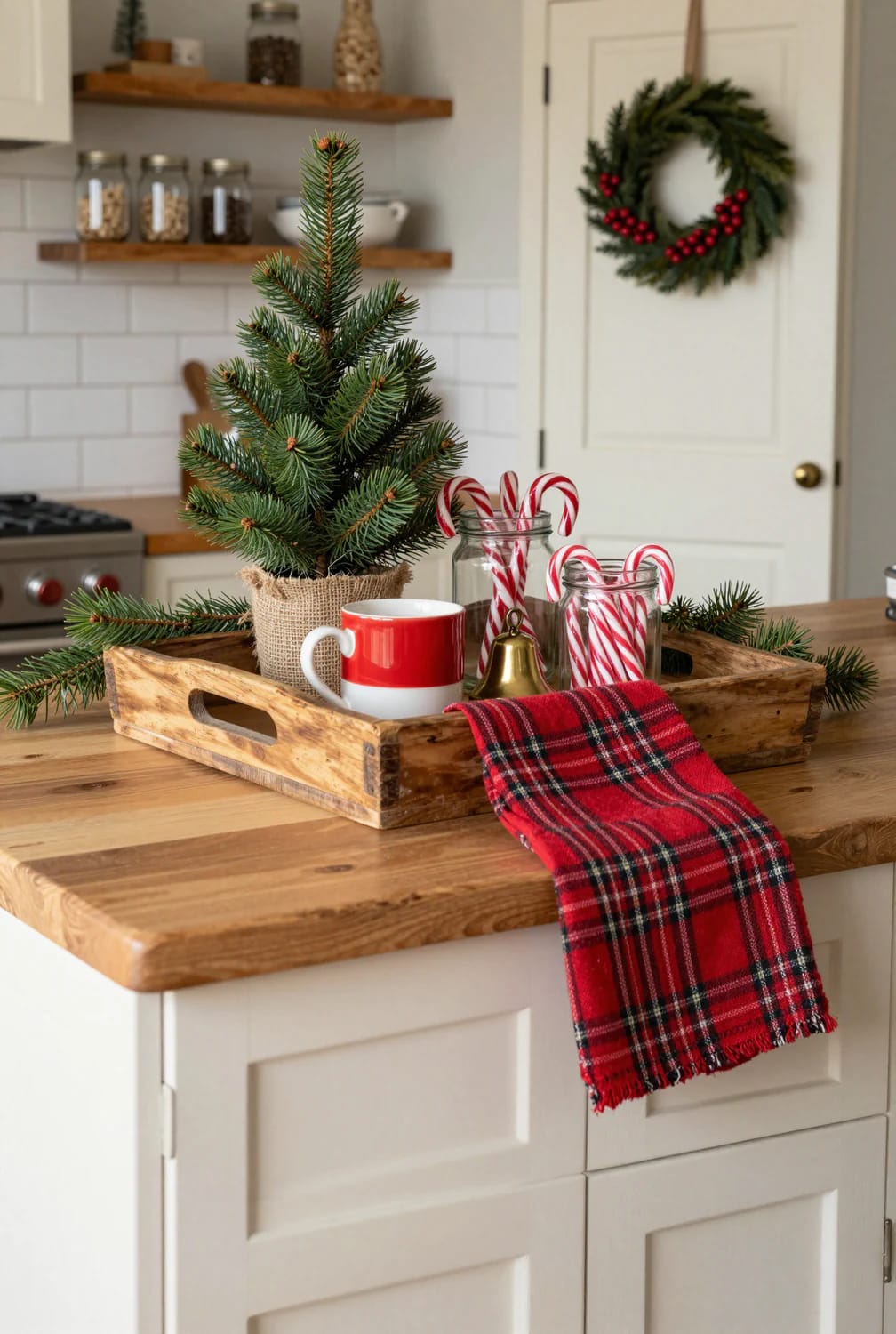 Farmhouse Christmas Kitchen Decor Ideas That Survive an Actual December 5 everything on the counter lives on a tray you can lift with one hand 1