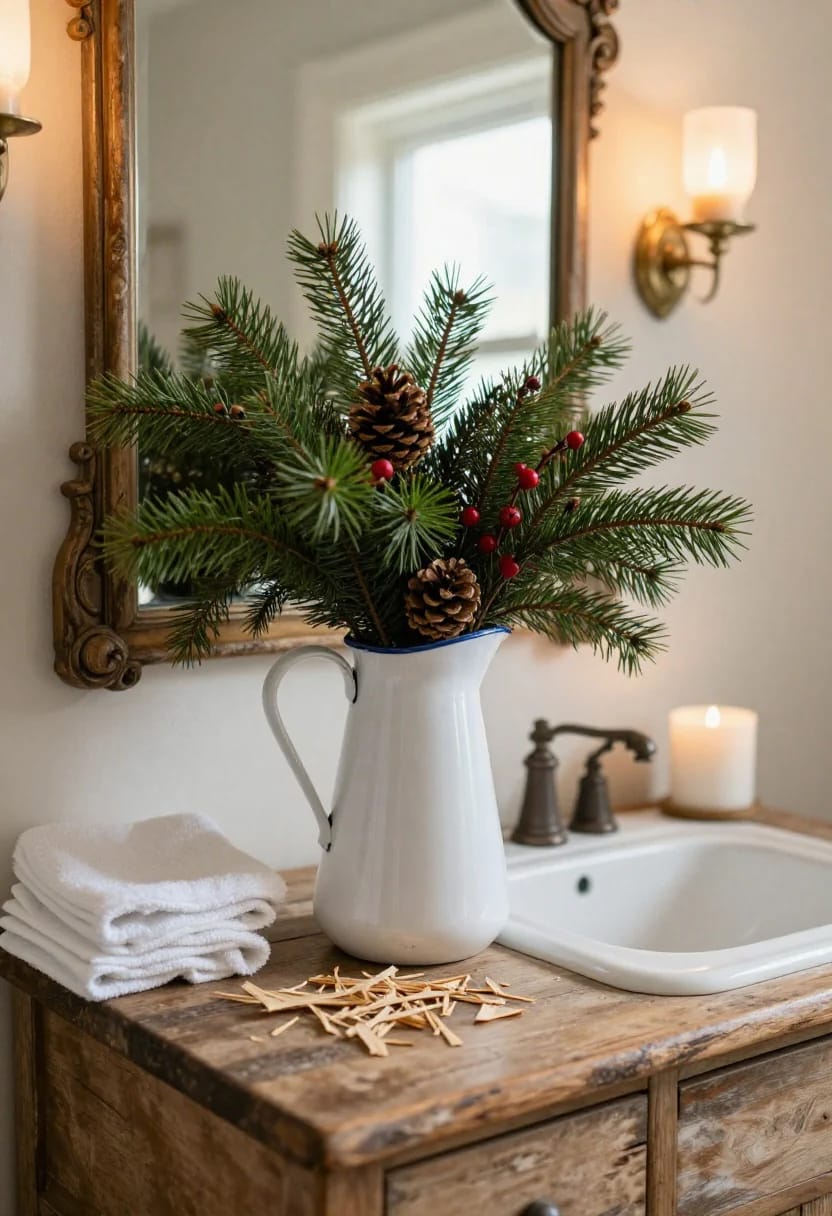 Farmhouse Christmas Bathroom Cedar Pitcher Decor Farmhouse Christmas bathroom decorated with a white enamel pitcher holding evergreen cedar branches, pinecones, and red berries beside a vintage mirror, folded white towels, and a sink