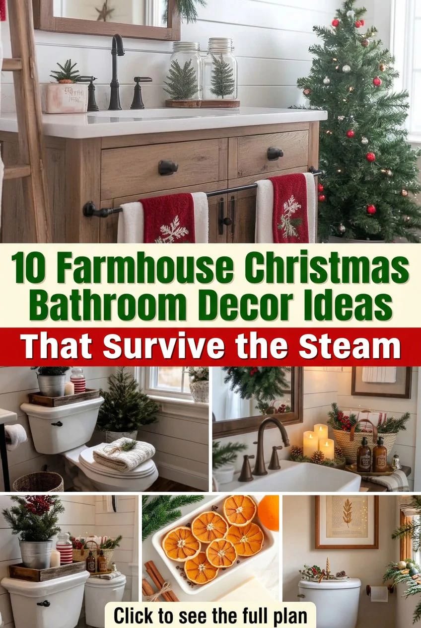 Farmhouse Christmas Bathroom Decor Ideas Collage featuring a farmhouse bathroom vanity with red and white snowflake towels, mason jars holding greenery, a decorated Christmas tree, toilet-top holiday arrangements, dried orange slices, candles, and seasonal bathroom accents.
