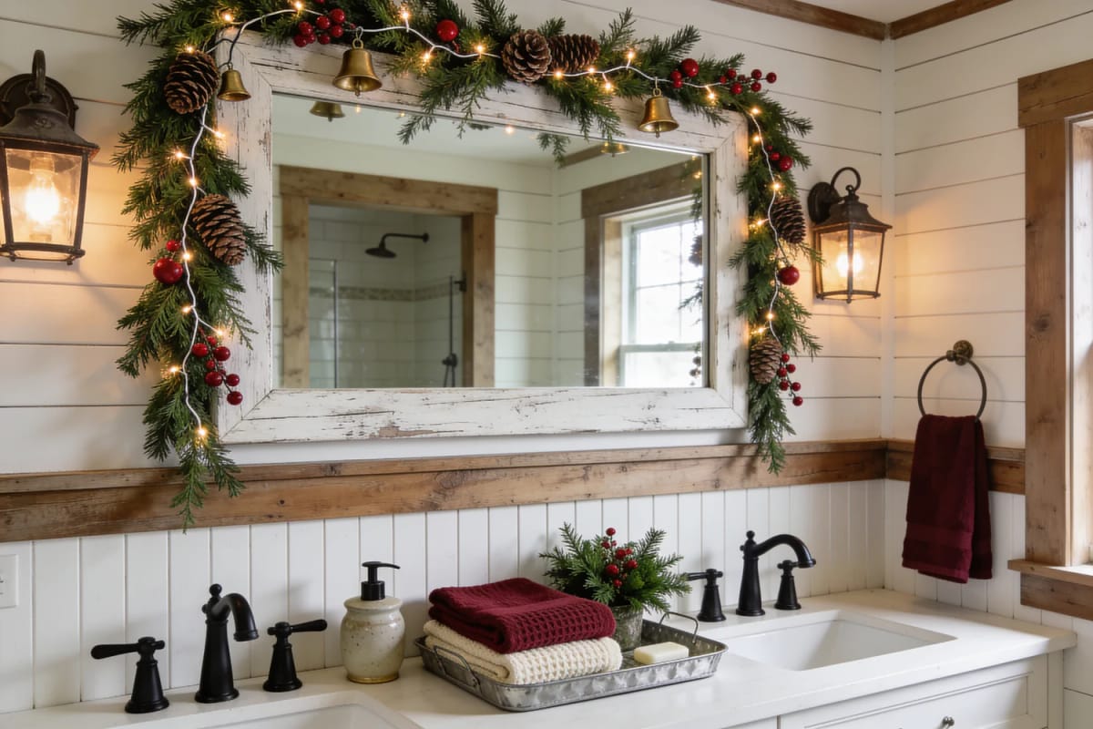 10 Farmhouse Christmas Bathroom Decor Ideas That Survive the Steam 1 Farmhouse Christmas bathroom with a distressed white-framed mirror surrounded by evergreen garland, pinecones, red berries, string lights, and brass bells above a vanity with folded towels and a small holiday arrangement
