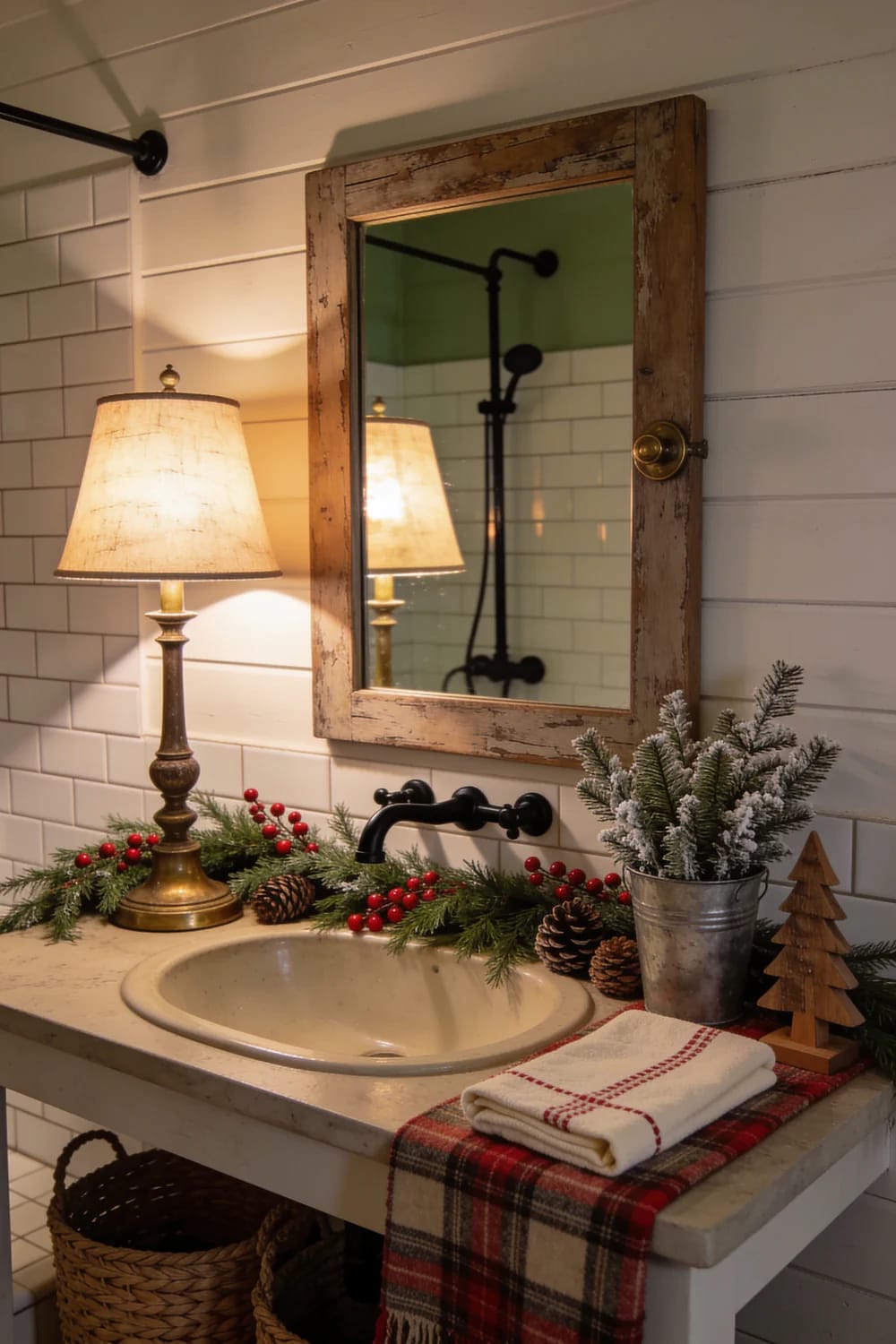 Farmhouse Christmas Bathroom Lamp Decor Farmhouse Christmas bathroom with a lit table lamp beside a rustic wood-framed mirror, white tile walls, evergreen garland with red berries and pinecones, a metal potted tree, and plaid towels.