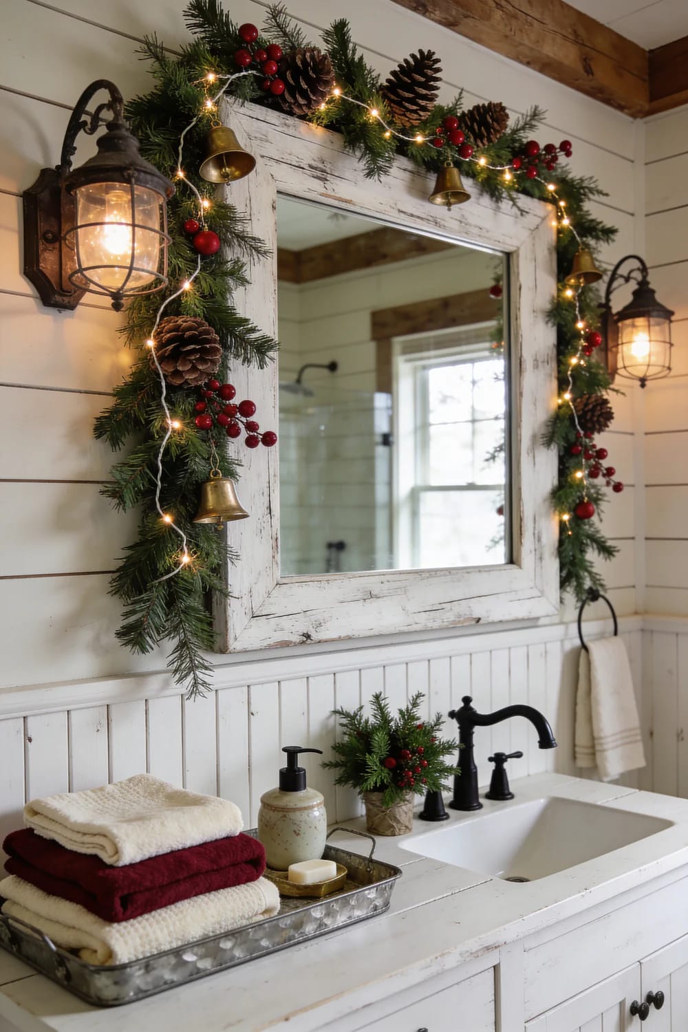Farmhouse Christmas Bathroom Mirror Garland Farmhouse Christmas bathroom with a distressed white-framed mirror surrounded by evergreen garland, red berries, pinecones, bells, and warm string lights above a white vanity and sink