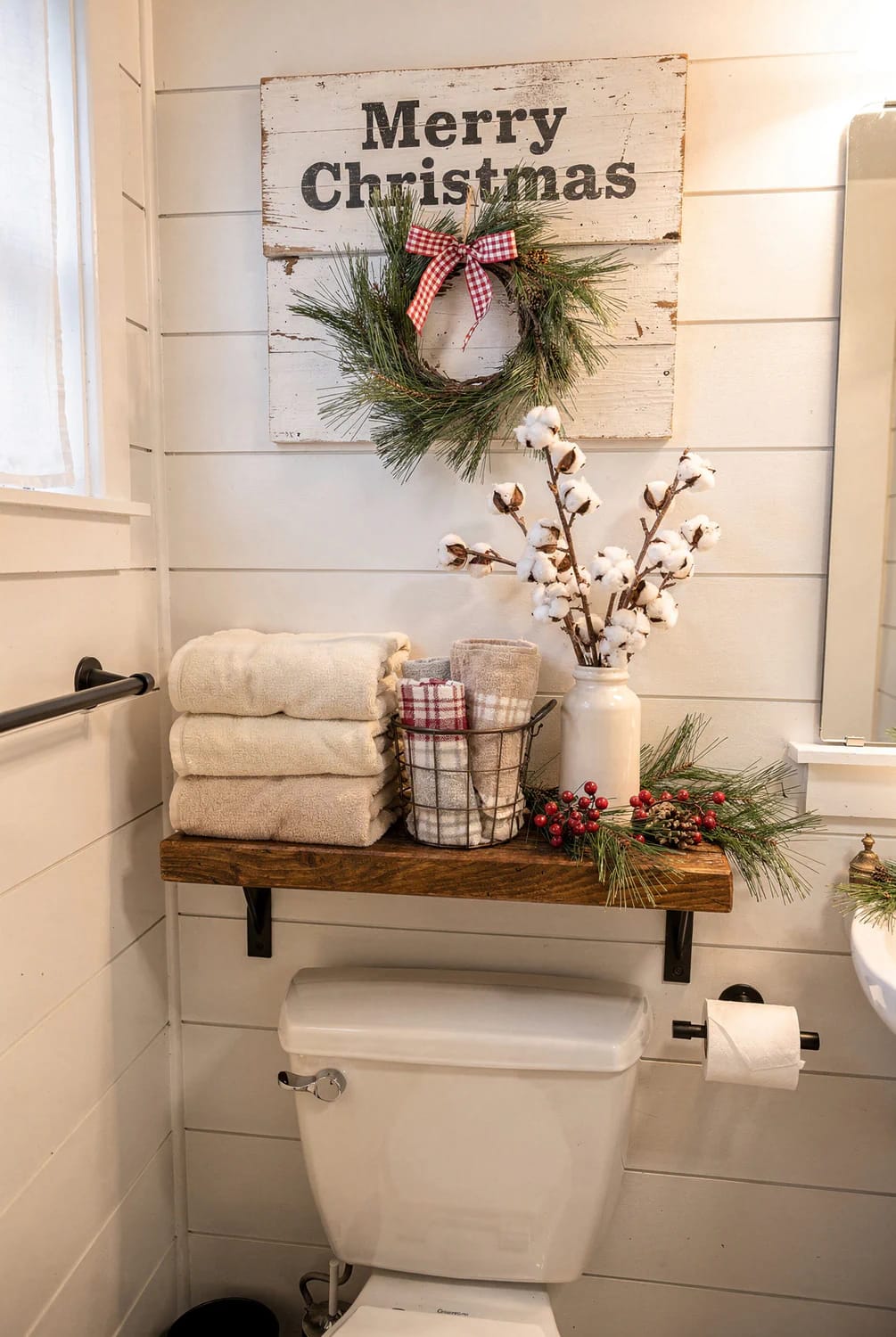 Farmhouse Christmas Bathroom Sign And Wreath Farmhouse Christmas bathroom featuring a distressed wood “Merry Christmas” sign and pine wreath above the toilet, with folded towels, cotton branches, red berries, and greenery on a rustic wooden shelf