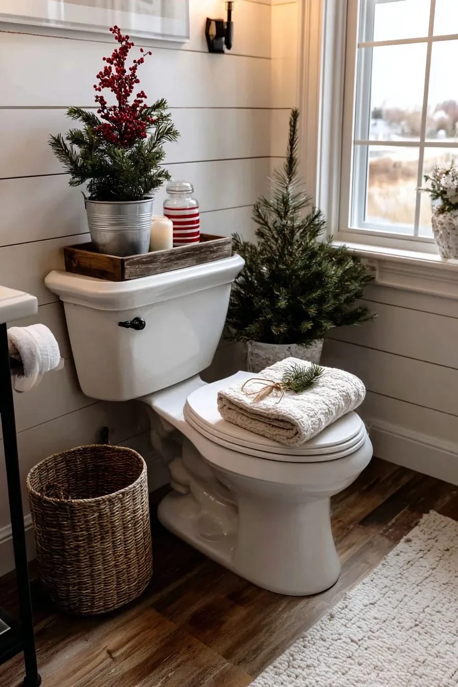 Farmhouse Christmas Bathroom Toilet Tray Decor Farmhouse Christmas bathroom featuring a wooden tray on the toilet tank with a potted evergreen branch arrangement, a striped jar, and a candle, plus a small tree, folded towels, and woven basket