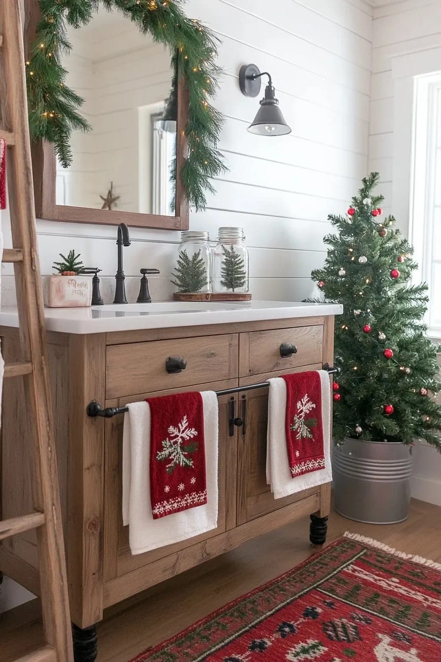 10 Farmhouse Christmas Bathroom Decor Ideas That Survive the Steam 2 Farmhouse Christmas bathroom with two red-and-white snowflake towel sets hanging on a wooden vanity, a small decorated Christmas tree, garland-framed mirror, and evergreen decorations in glass jars