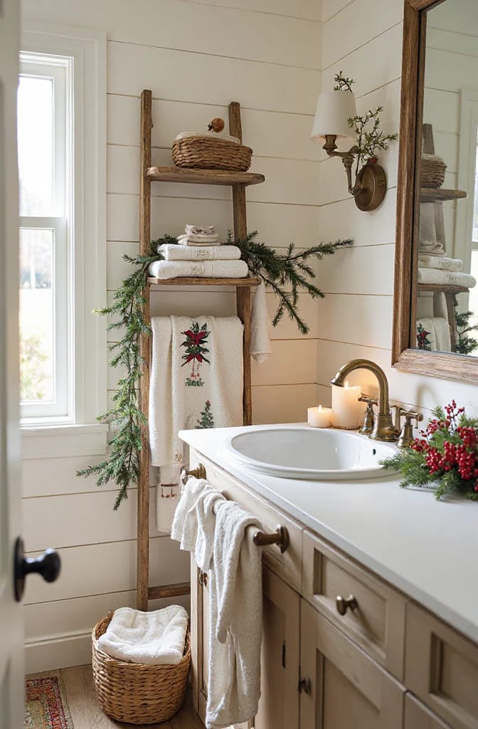 10 Farmhouse Christmas Bathroom Decor Ideas That Survive the Steam 4 Farmhouse Christmas bathroom with folded white towels on a rustic ladder, a decorated Christmas hand towel hanging below, and additional towels draped beside the sink