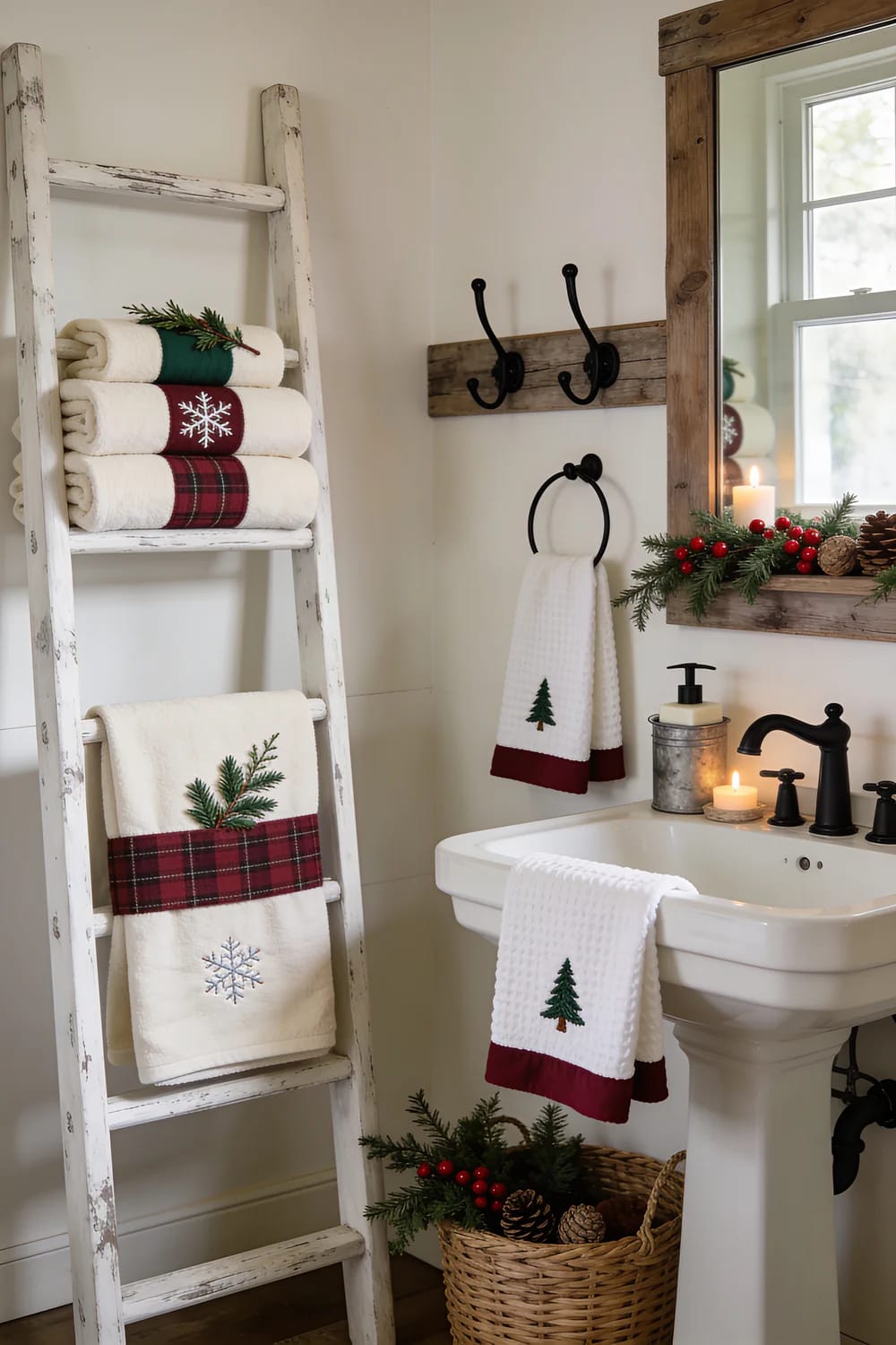 10 Farmhouse Christmas Bathroom Decor Ideas That Survive the Steam 3 Farmhouse Christmas bathroom featuring stacked decorative towels on a distressed white ladder, coordinating white hand towels with tree embroidery, and evergreen holiday accents around a pedestal sink