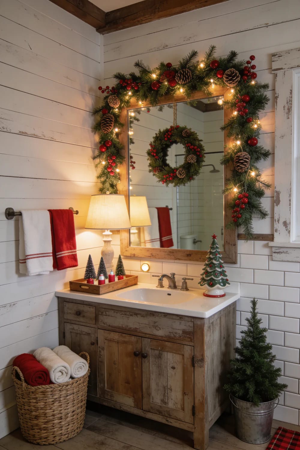 Farmhouse Christmas Bathroom Vanity With Lamp Farmhouse Christmas bathroom vanity decorated with a lit table lamp, evergreen garland, red berries, pinecones, wreath, towels, and small Christmas trees