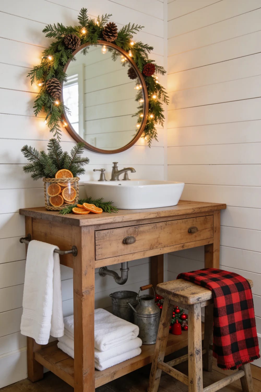 Farmhouse Christmas Bathroom With Dried Orange And Cedar Farmhouse Christmas bathroom with a wood vanity, round mirror decorated with cedar greenery, pinecones, and string lights, plus dried orange slices in a basket and on the counter.