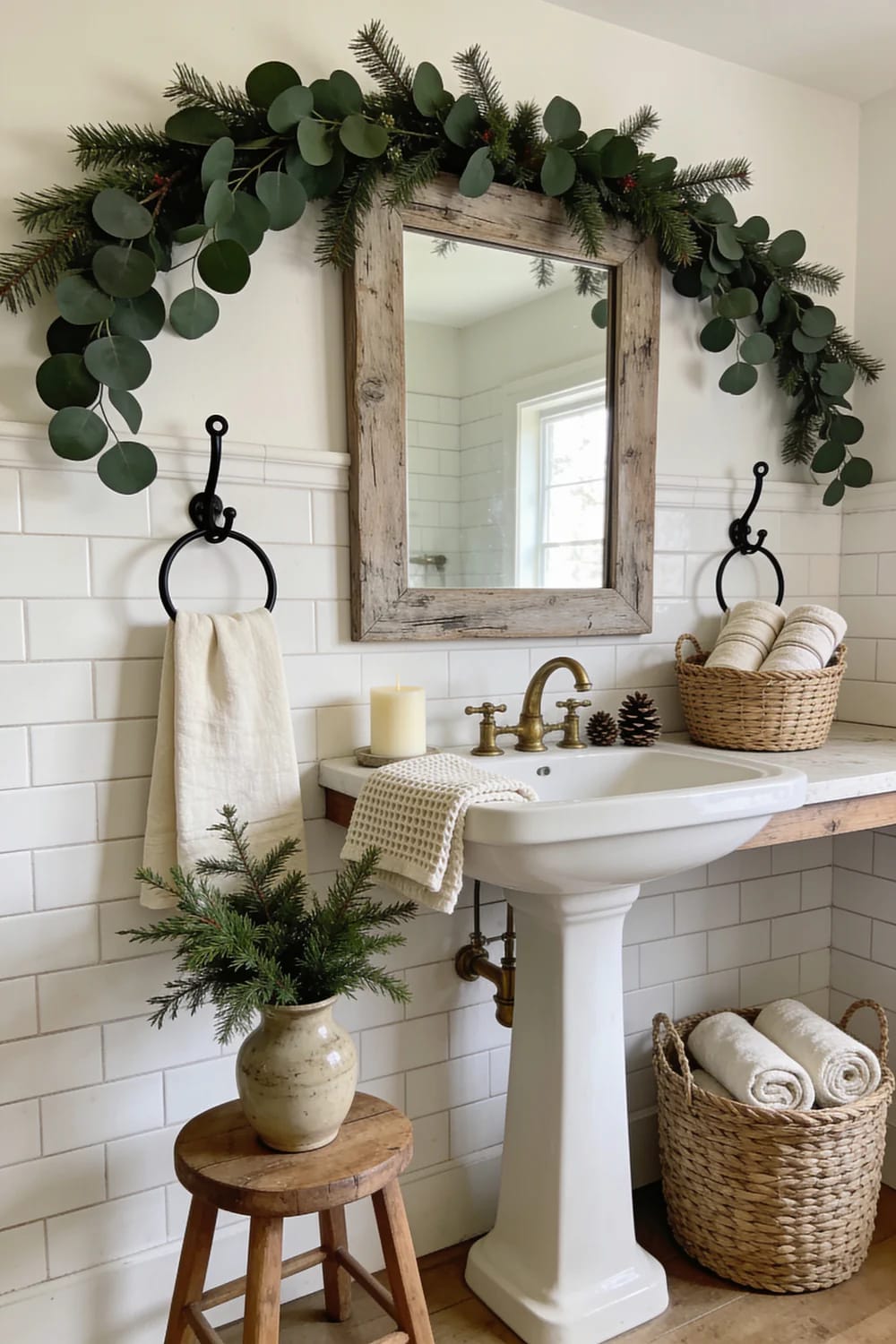 Farmhouse Christmas Bathroom With Greenery Farmhouse Christmas bathroom featuring deep green evergreen and eucalyptus garland over a weathered wood-framed mirror, cream towels, woven baskets, a ceramic vase, and a white pedestal sink