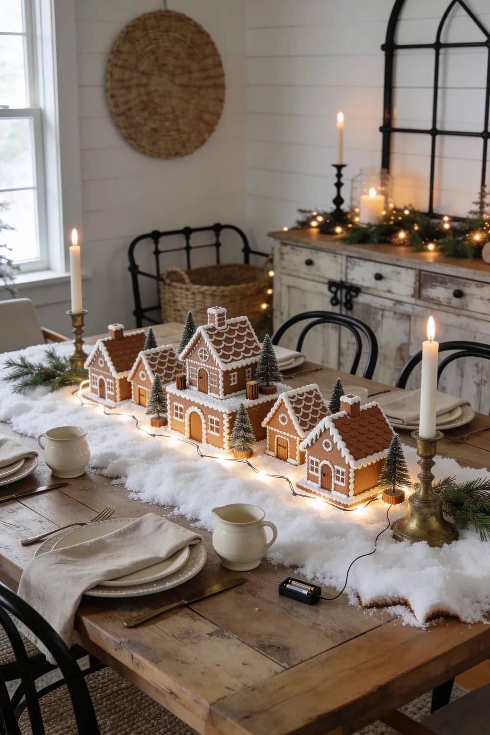 Faux Gingerbread House Village With Snow Base A faux gingerbread house village sits on a fluffy faux snow base across a dining table, with miniature evergreen trees and warm string lights around the decorated houses. Visible wiring leads to a battery pack near the table edge, while candles and greenery complete the seasonal display.