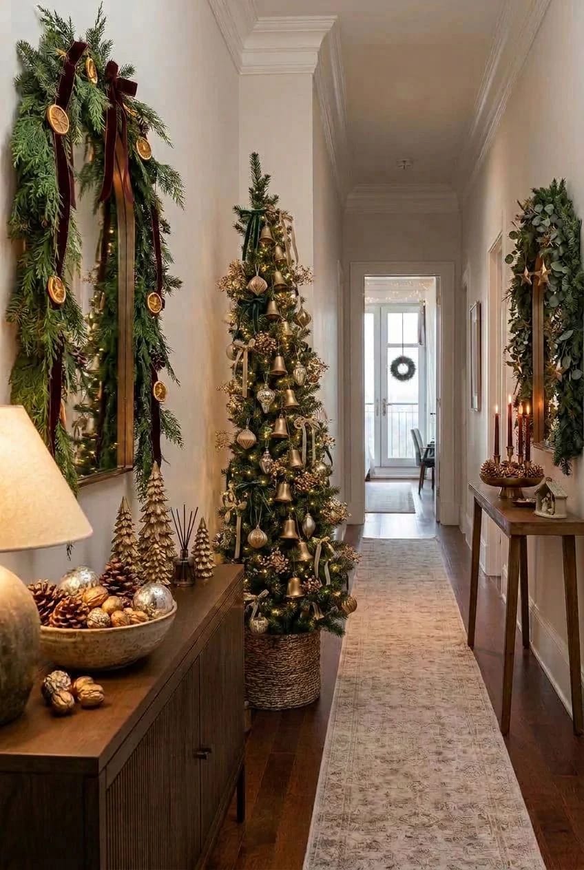 Small Apartment Christmas Tree Ideas for a Slim or Tabletop Tree That Doesn't Look Like a Compromise 11 flat-back and corner trees give the walkway back 1
