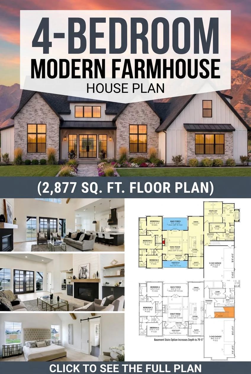 4-Bedroom Modern Farmhouse House Plan with a Vaulted Great Room and Bonus Room (2,877 Sq. Ft. Floor Plan) 5 floor plan: 80 feet of frontage, bedrooms split four against one 1
