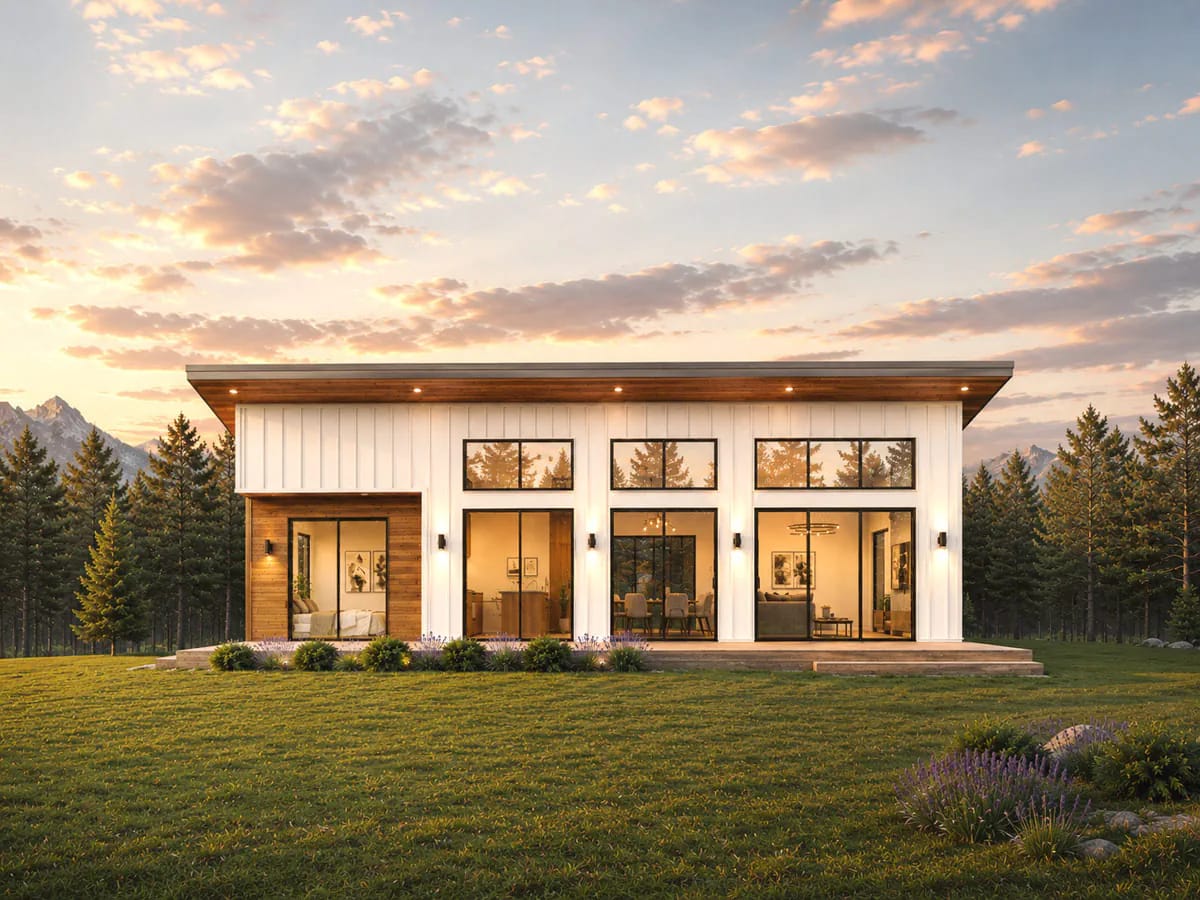 3-Bedroom Contemporary House Plan with Vaulted Ceilings and a Glass Rear Wall (1,540 Sq. Ft. Floor Plan) 4 four sliding glass bays are what you are actually buying 1