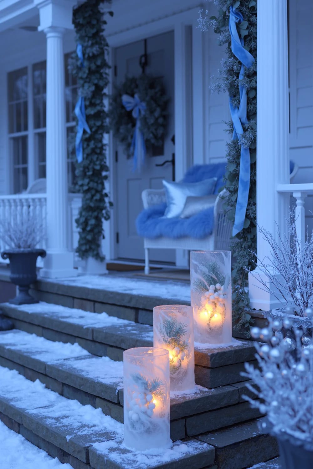 Icy Blue and White Winter Wonderland Christmas Decor Ideas That Skip the Glitter 4 freeze ice lanterns in a bucket and line the front steps 1