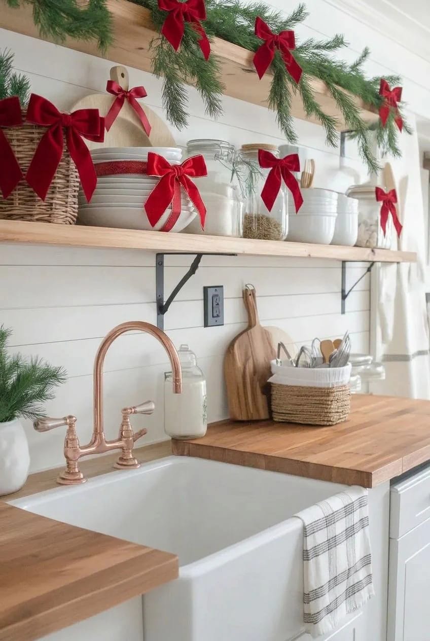 Farmhouse Christmas Kitchen Decor Ideas That Survive an Actual December 16 fresh greenery goes on the open shelving, never on the range hood 1