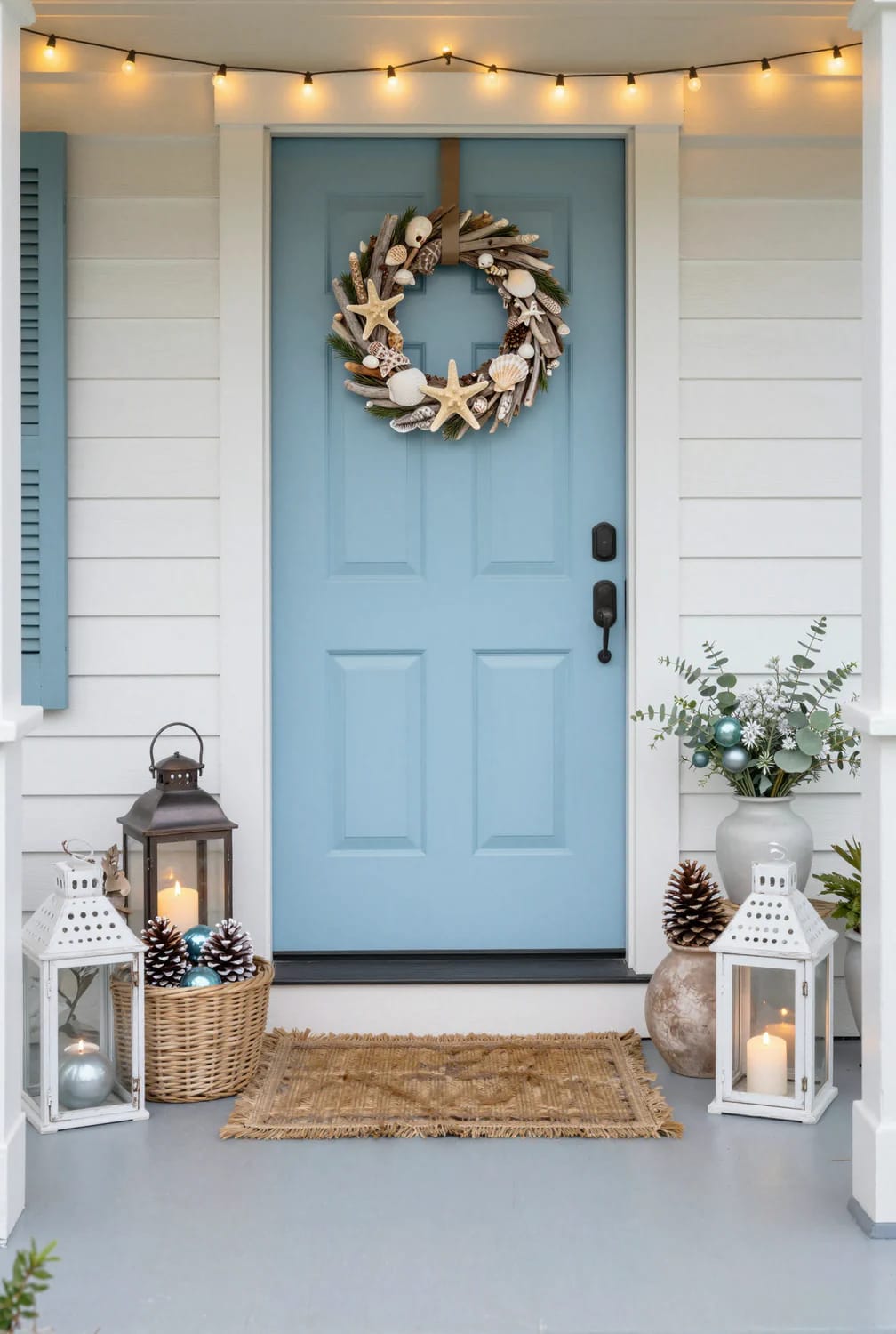 13 Coastal Blue Christmas Decorations That Skip the Anchors and Life Rings 23 front door and porch 1