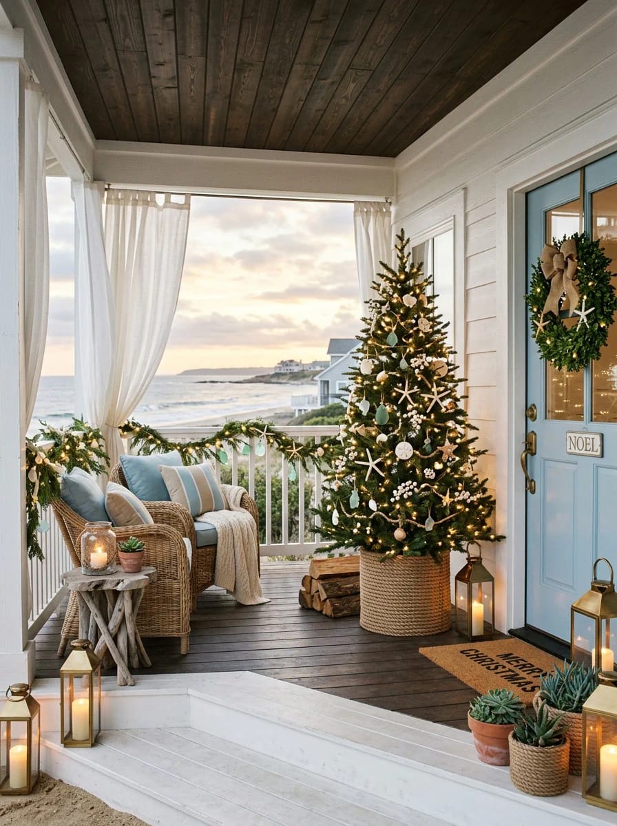13 Coastal Blue Christmas Decorations That Skip the Anchors and Life Rings 24 front door and porch 1