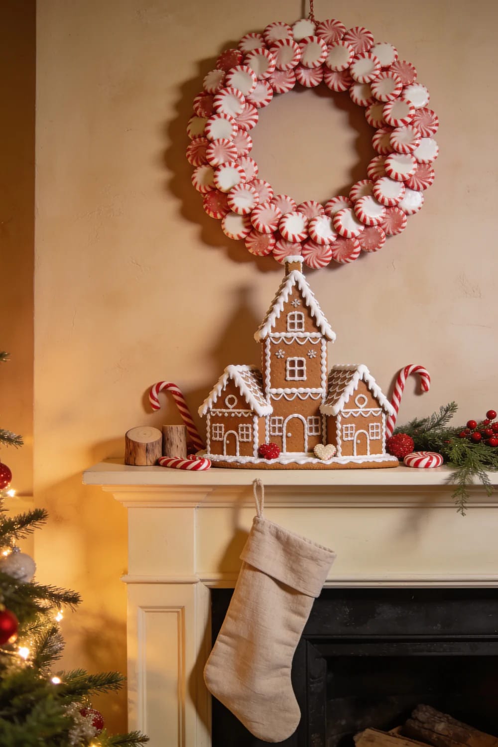 Christmas mantel decorated with a peppermint candy wreath, an ornate gingerbread house centerpiece, candy canes, evergreen branches, red berries, a cream stocking, and a partially visible lit tree.