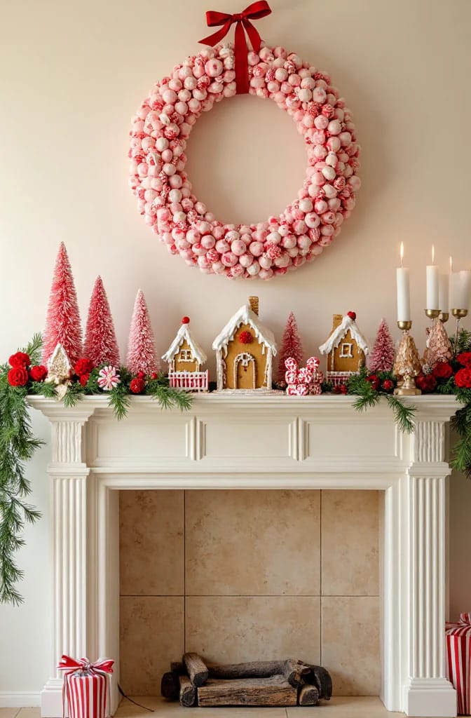 Christmas mantel decorated with gingerbread houses, pink bottlebrush trees, greenery, red flowers, candles, candy figures, and a large pink-and-white candy wreath with a red bow above it