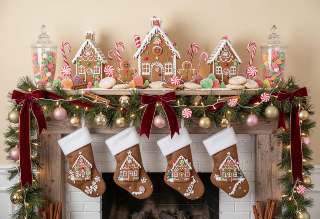 Lovely Harbor 27 Christmas mantel decorated with gingerbread houses, candy canes, colorful candies, evergreen garland, red velvet bows, ornaments, stockings, and lit string lights