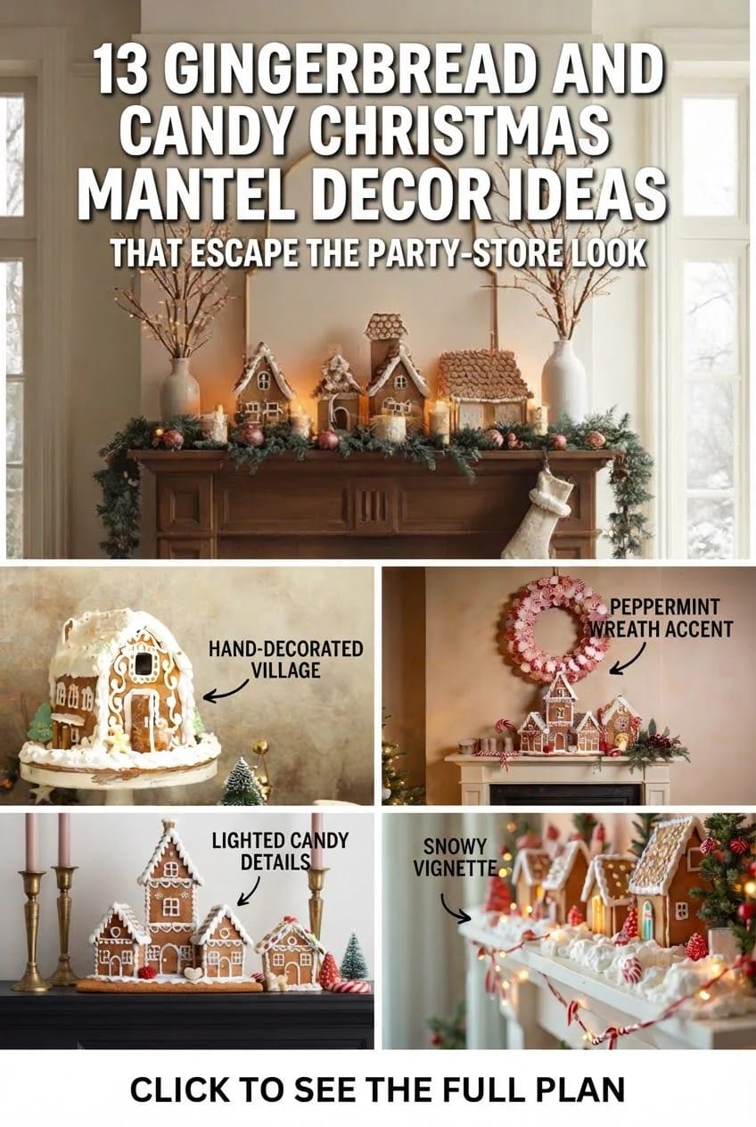 Collage showing gingerbread houses and candy-themed Christmas mantel decor, including a decorated mantel with greenery, a peppermint wreath accent, hand-decorated gingerbread village, illuminated candy details, and a snowy vignette