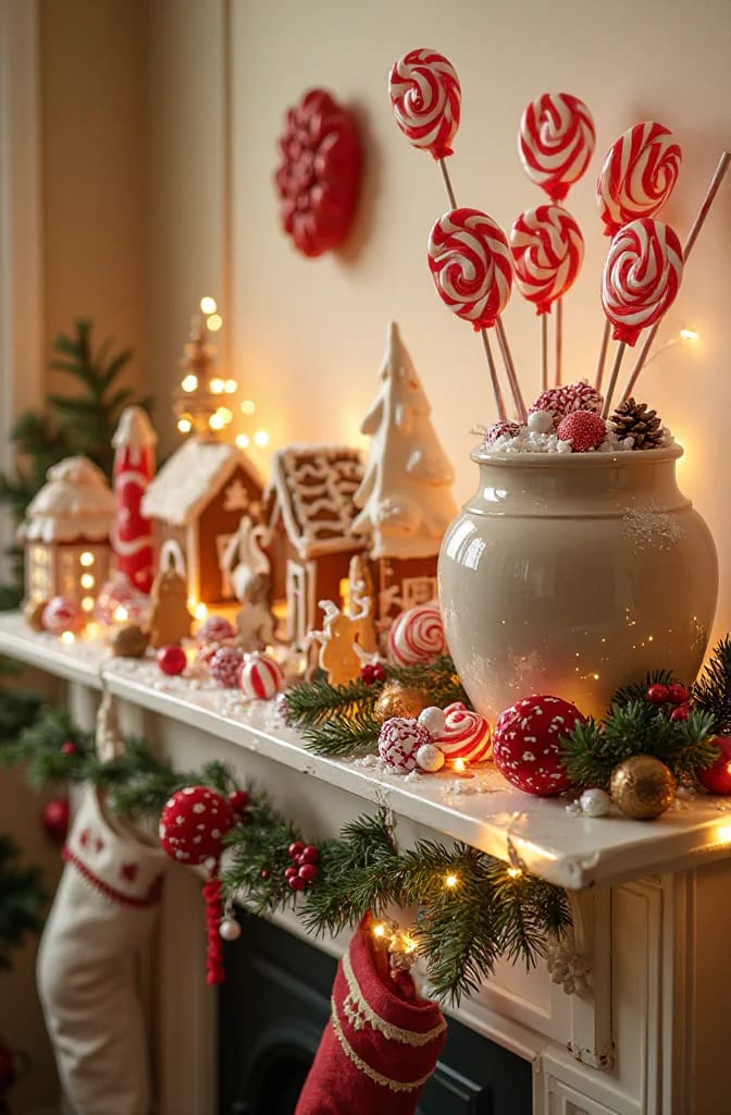 Christmas mantel decorated with gingerbread houses, candy ornaments, red-and-white swirl lollipops in a ceramic jar, evergreen garland, berries, stockings, and warm string lights