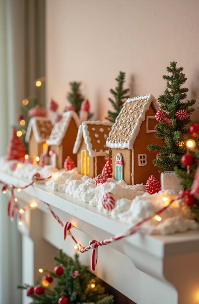 Gingerbread houses arranged on a seven-inch mantel shelf with snowy icing, red-and-white candies, miniature evergreen trees, and warm string lights.