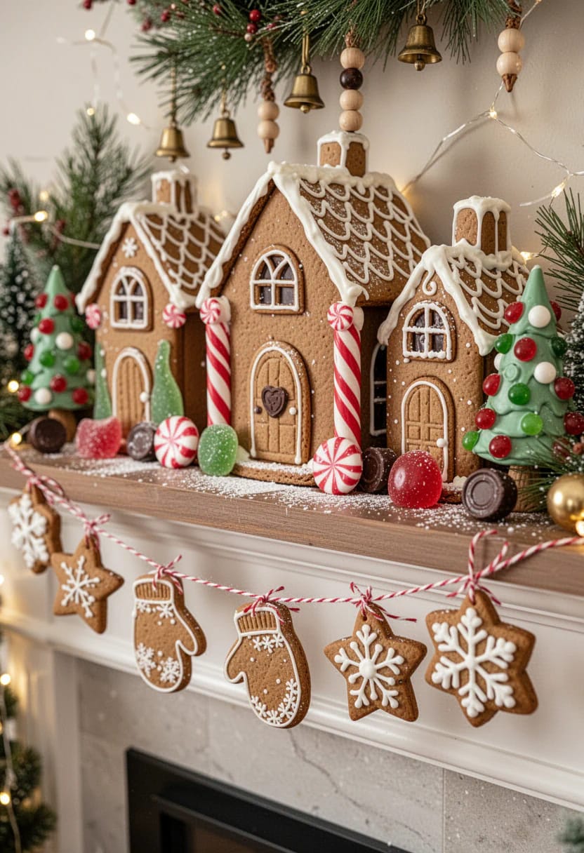 Gingerbread architecture arranged on a narrow mantel shelf, featuring three iced cookie houses, candy canes, gumdrops, Christmas trees, greenery with bells, string lights, and hanging gingerbread ornaments