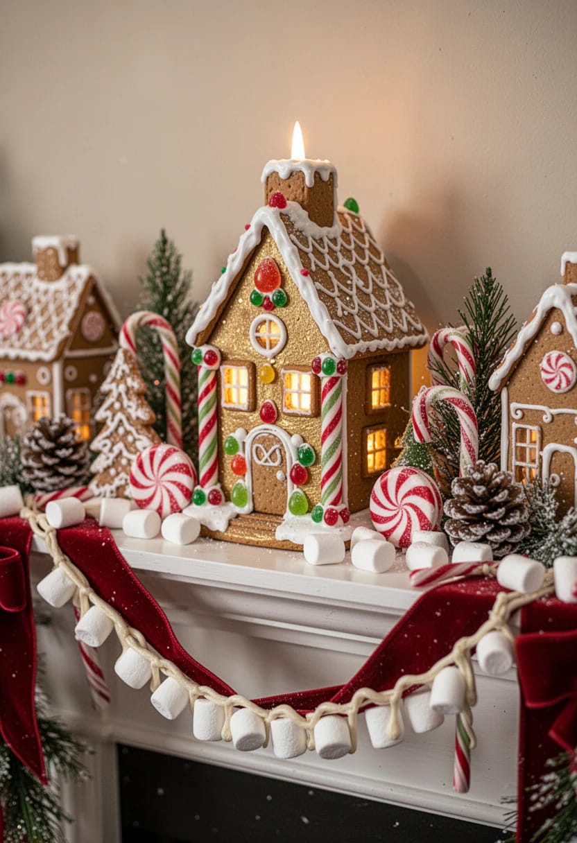 Gingerbread house architecture arranged on a narrow mantel shelf, decorated with white icing, candy canes, peppermint candies, gumdrops, lit windows, evergreen branches, pinecones, and marshmallow garland