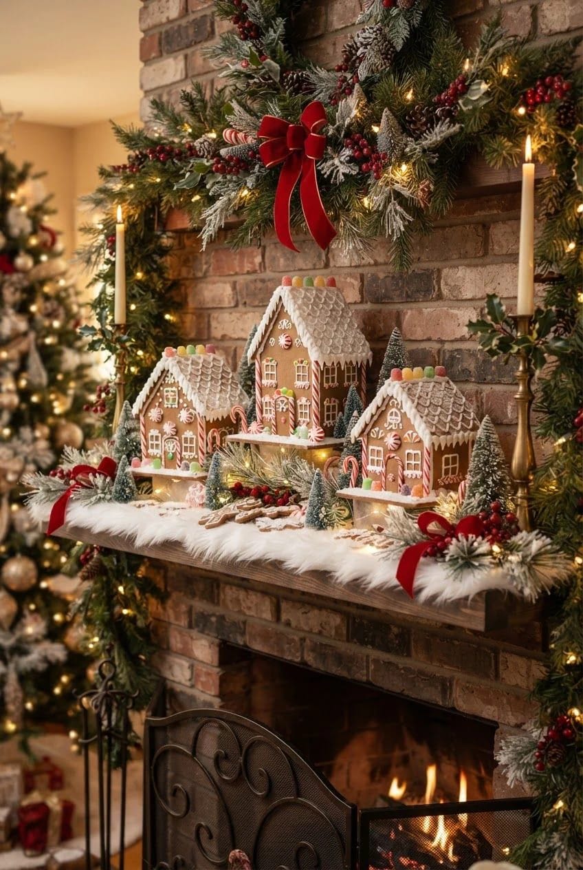 Three decorated gingerbread houses sit on a narrow white-covered fireplace shelf, surrounded by miniature trees, candy accents, candles, evergreen garlands, red bows, and lights in a Christmas mantel display.