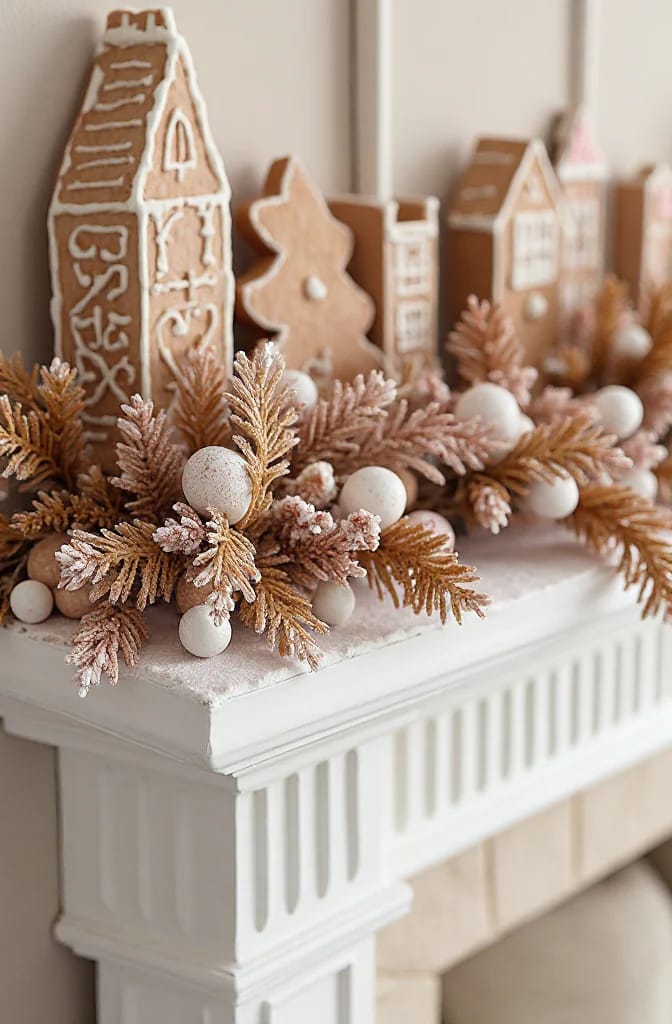 Gingerbread Christmas mantel decor with iced gingerbread houses and a tree-shaped cookie arranged behind frosted evergreen branches, pinecones, and white ornaments on a white mantel