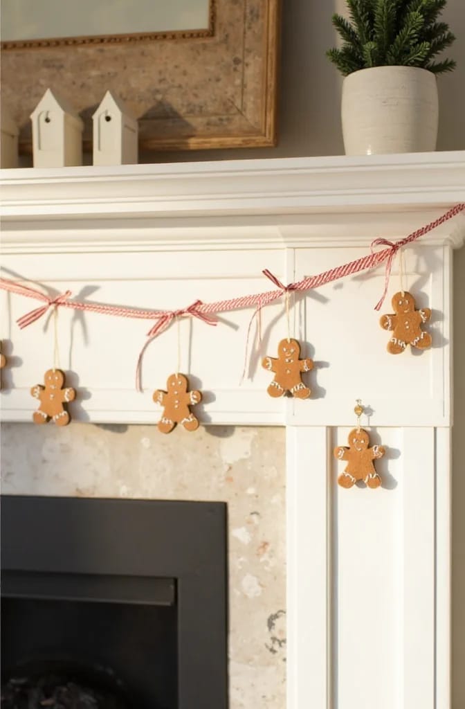 White fireplace mantel decorated with a red-and-white twisted garland and hanging gingerbread figures, with small white house ornaments and a potted evergreen arranged above for Christmas mantel decor