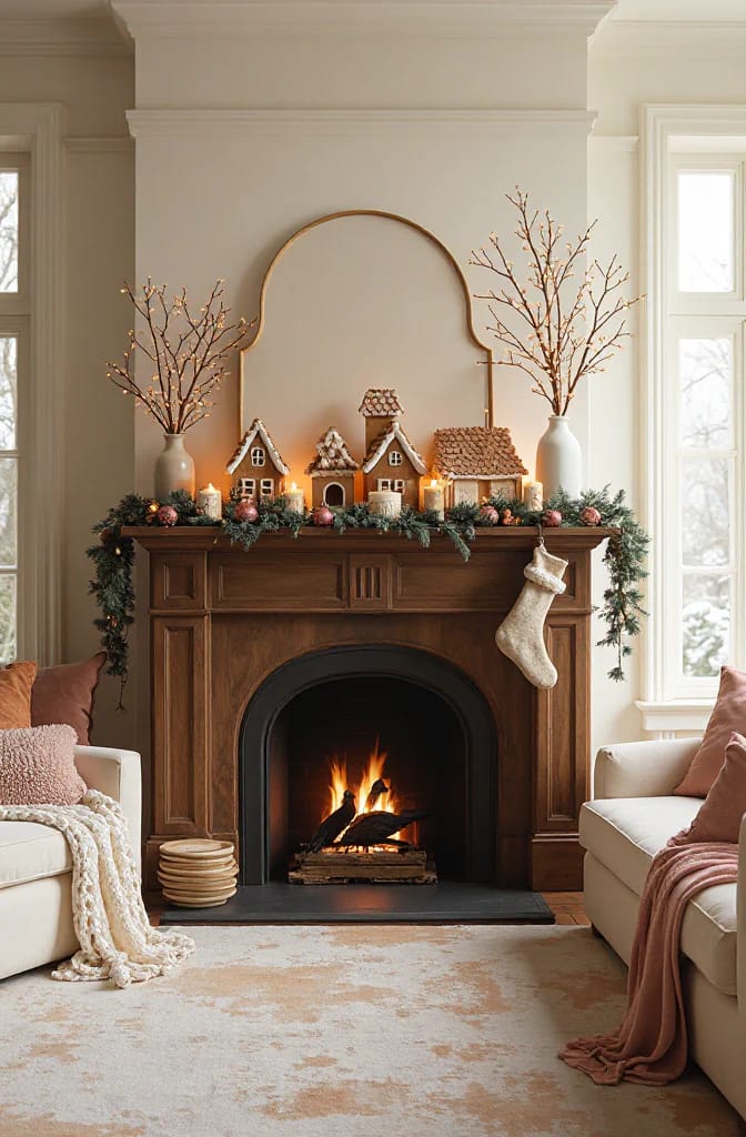 Gingerbread Christmas mantel decorated with evergreen garland, miniature gingerbread houses, lit candles, berry accents, branch-filled vases, and a hanging stocking above a lit fireplace