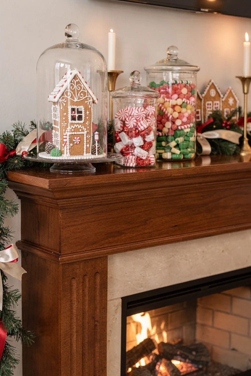 Gingerbread Christmas mantel decorated with a gingerbread house under a glass cloche, jars of colorful candies and peppermint sweets, lit candles, greenery, and small gingerbread houses above a fireplace