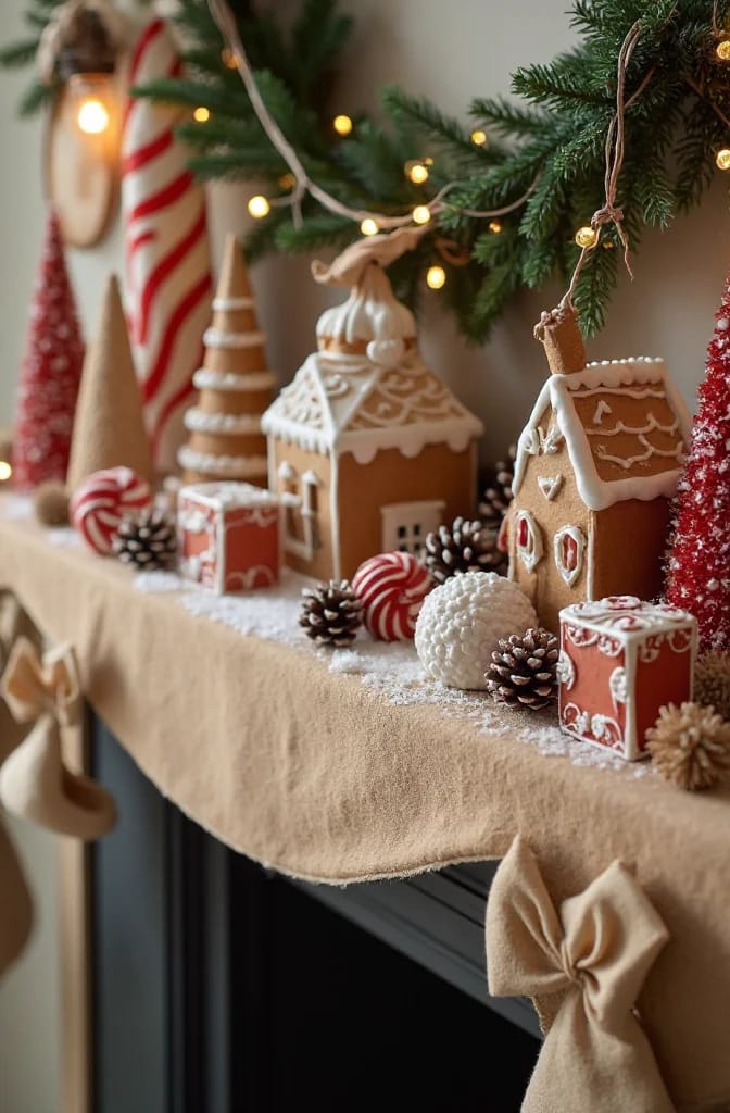 Gingerbread and candy Christmas mantel decor arranged on a beige mantel runner, with gingerbread houses, red-and-white candy canes, miniature trees, pinecones, ornaments, evergreen branches, and warm string lights