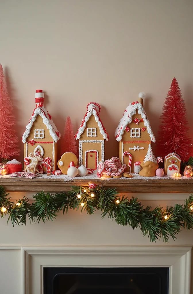Gingerbread Christmas mantel display featuring three decorated cookie houses, candy ornaments, red bottlebrush trees, and a lit evergreen garland dusted with faux snow