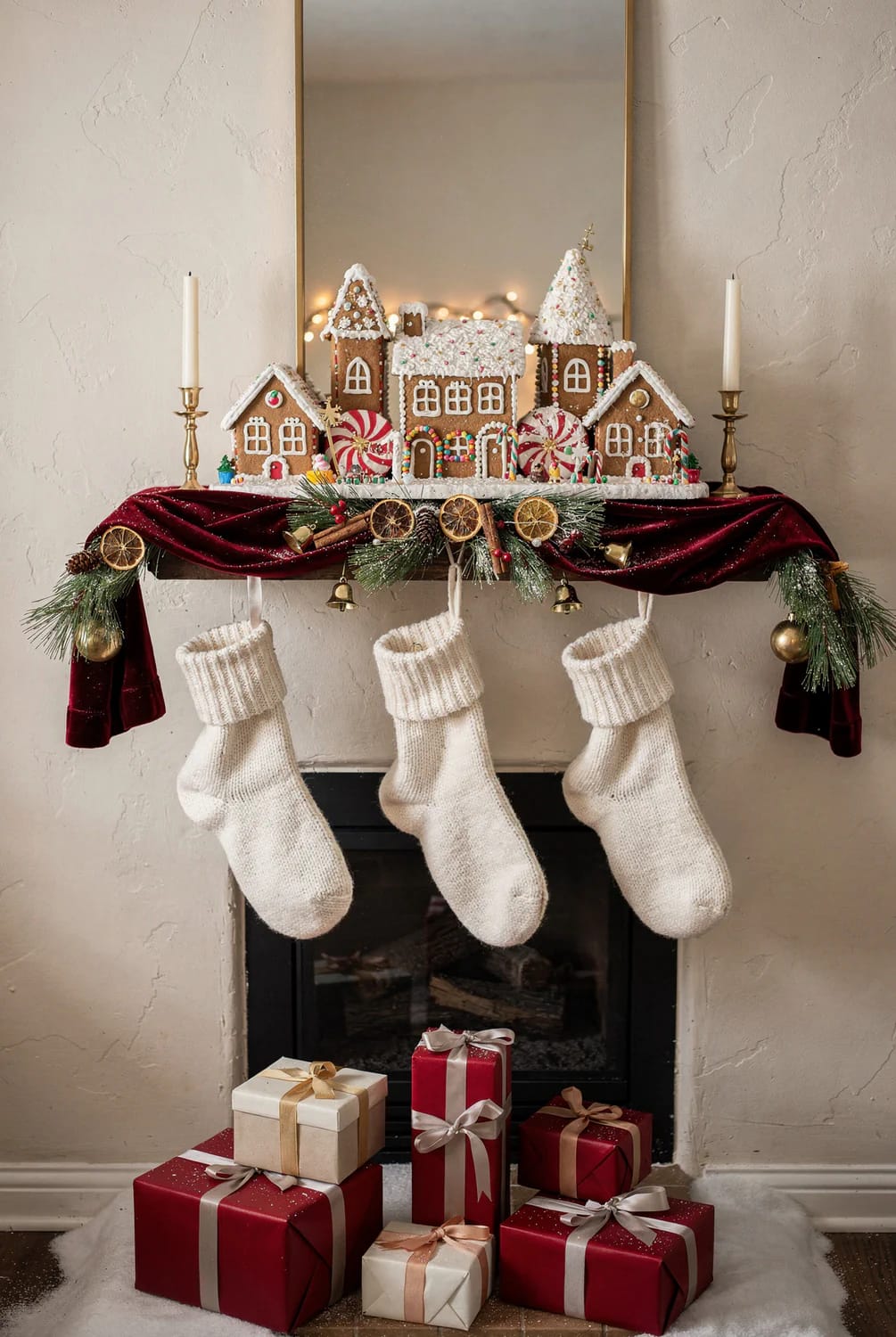 Christmas mantel decorated with a gingerbread village, candy details, warm string lights, evergreen garland, dried orange slices, red velvet fabric, candles, three white stockings, and wrapped gifts below