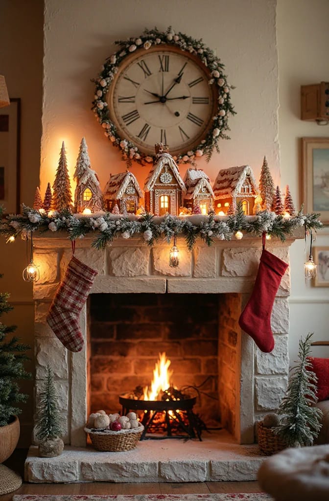 A stone fireplace mantel displays a snowy gingerbread village, evergreen garland, miniature trees, glowing string lights, and two stockings beneath a large floral clock, creating a warm gingerbread Christmas mantel display.