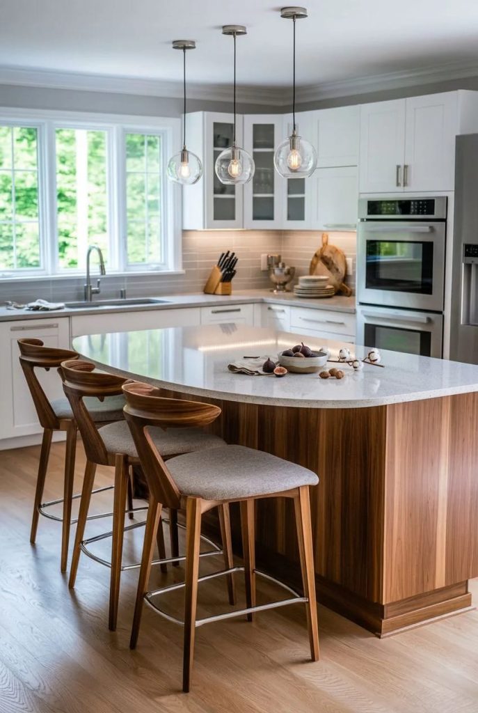 Lovely Harbor 48 Modern kitchen featuring a wood kitchen island with a rounded dining table end, paired with three wooden bar stools and pendant lighting, illustrating a kitchen island with dining table combination.