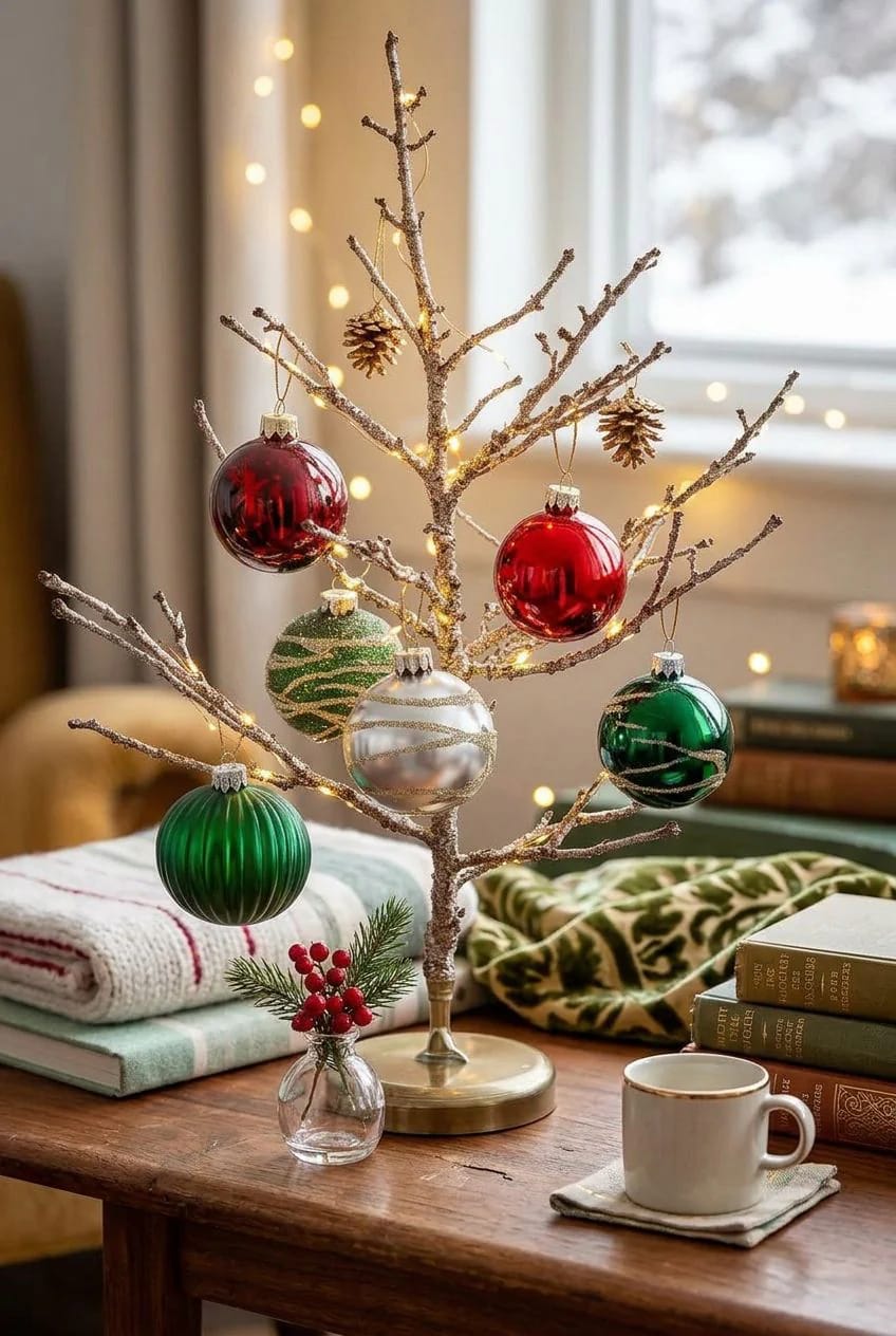 give the heavy mercury glass kugels a tabletop feather tree 1