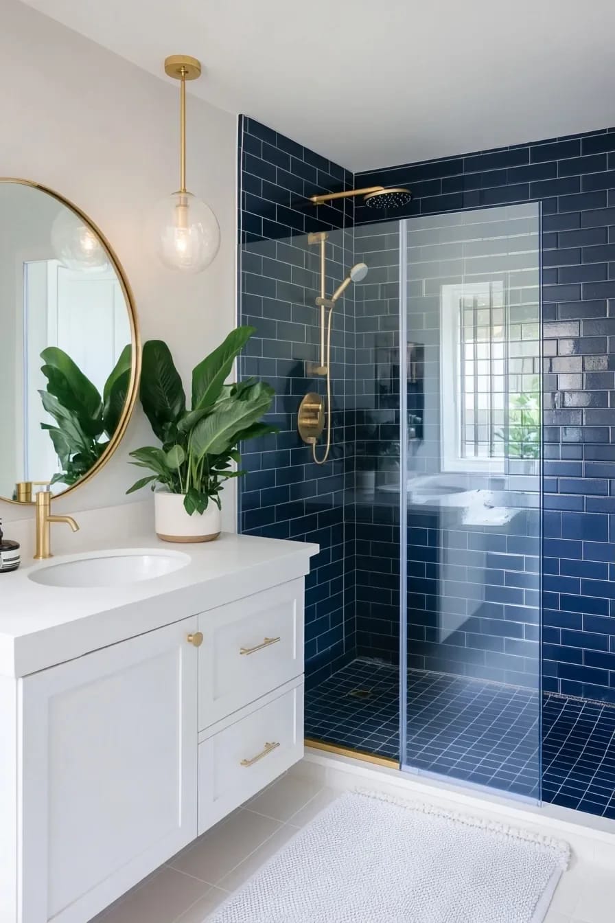 glossy navy tile in the shower, matte navy everywhere else 1
