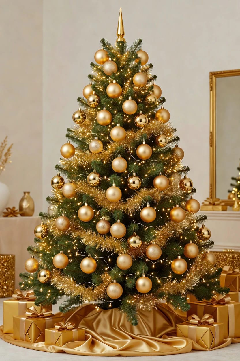 9 Monochrome Christmas Tree Themes for a Single-Color Tree That Still Looks Finished 24 A Christmas tree decorated in a monochrome gold theme with uniform gold ornaments, gold tinsel, gold ribbon, and gold-wrapped presents beneath, illustrating a single-color Christmas tree idea for a polished festive look.