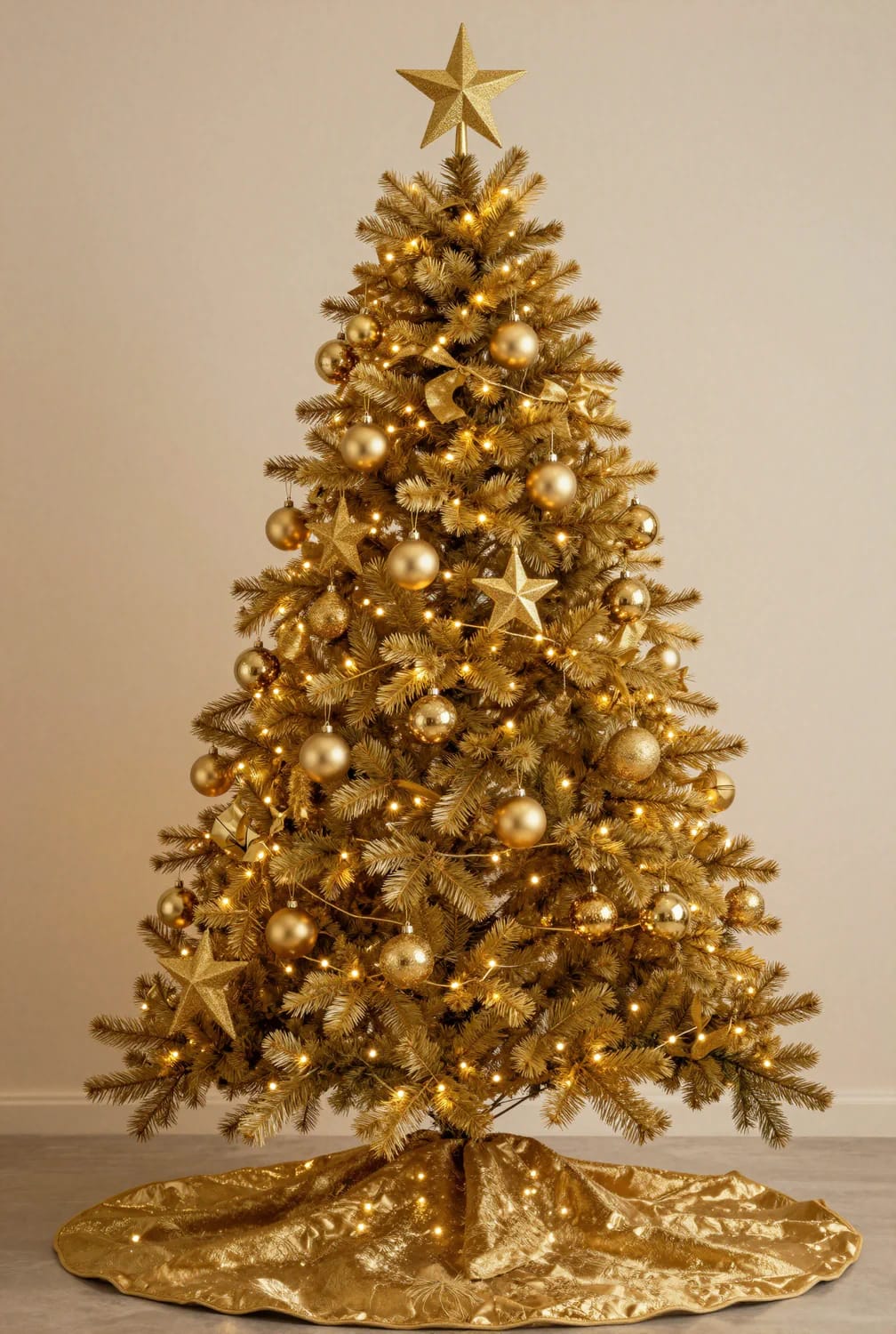 9 Monochrome Christmas Tree Themes for a Single-Color Tree That Still Looks Finished 25 A Christmas tree decorated entirely in matching gold ornaments, gold garland, gold star topper, and gold tree skirt, illustrating a monochrome gold Christmas tree theme for a finished single-color holiday look.