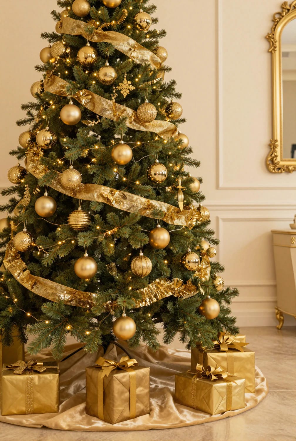 9 Monochrome Christmas Tree Themes for a Single-Color Tree That Still Looks Finished 26 A Christmas tree decorated entirely with gold ornaments, gold ribbon, and gold-wrapped presents beneath the tree, illustrating a gold monochrome Christmas tree theme that uses matching gold tones for a cohesive look.