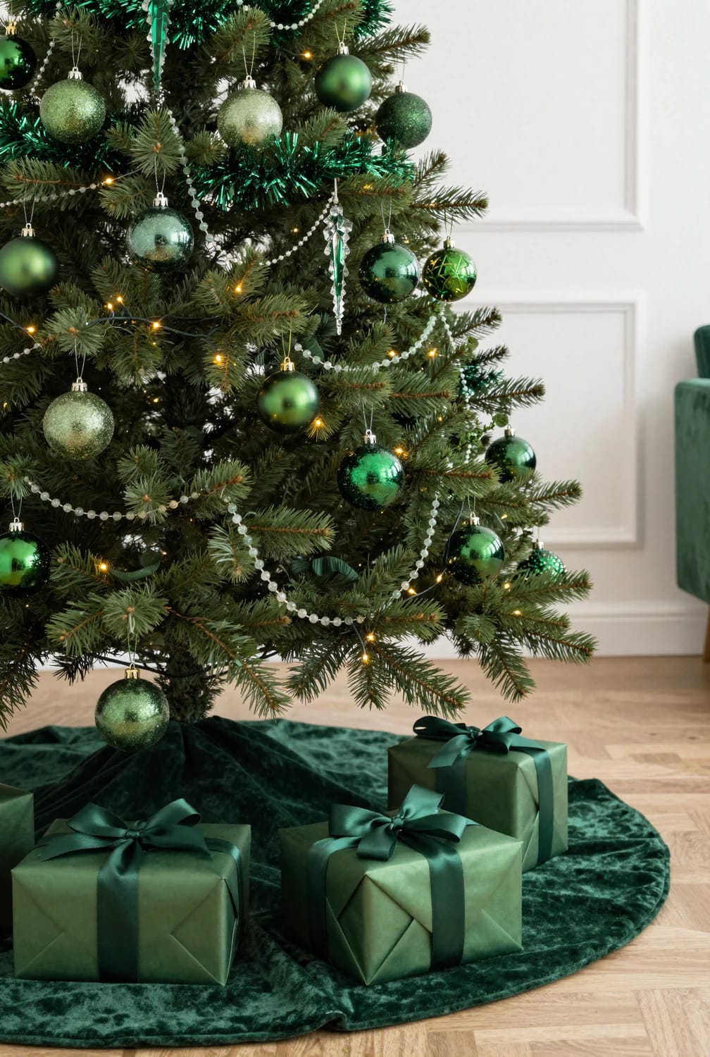 9 Monochrome Christmas Tree Themes for a Single-Color Tree That Still Looks Finished 6 green ornaments on a green tree, because the tree is already the color 1