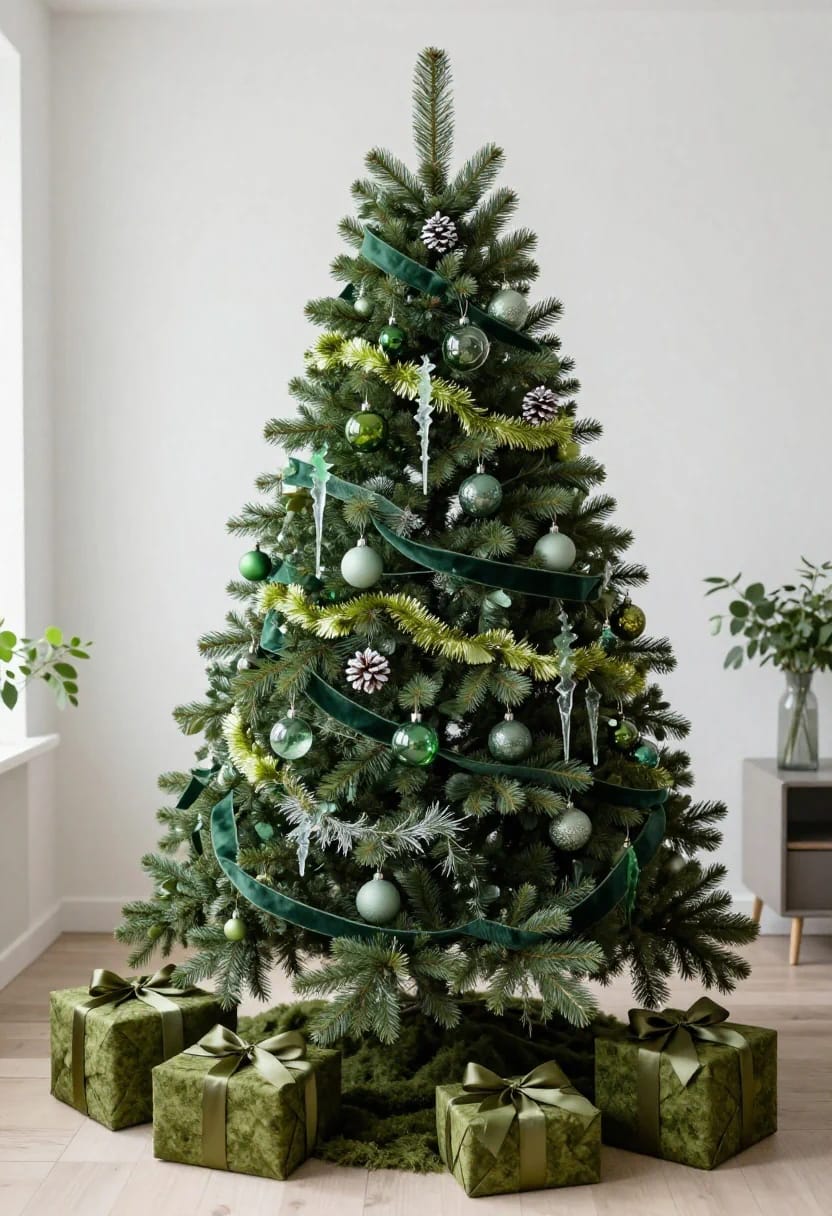 9 Monochrome Christmas Tree Themes for a Single-Color Tree That Still Looks Finished 7 green ornaments on a green tree, because the tree is already the color 1